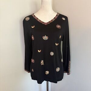VTG Peruvian Connection Pima Cotton Embroidered Tunic Top Large L Black EUC 90s
